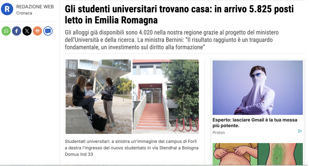 Articolo del Resto del Carlino Bologna sullo studentato Domus IND 33