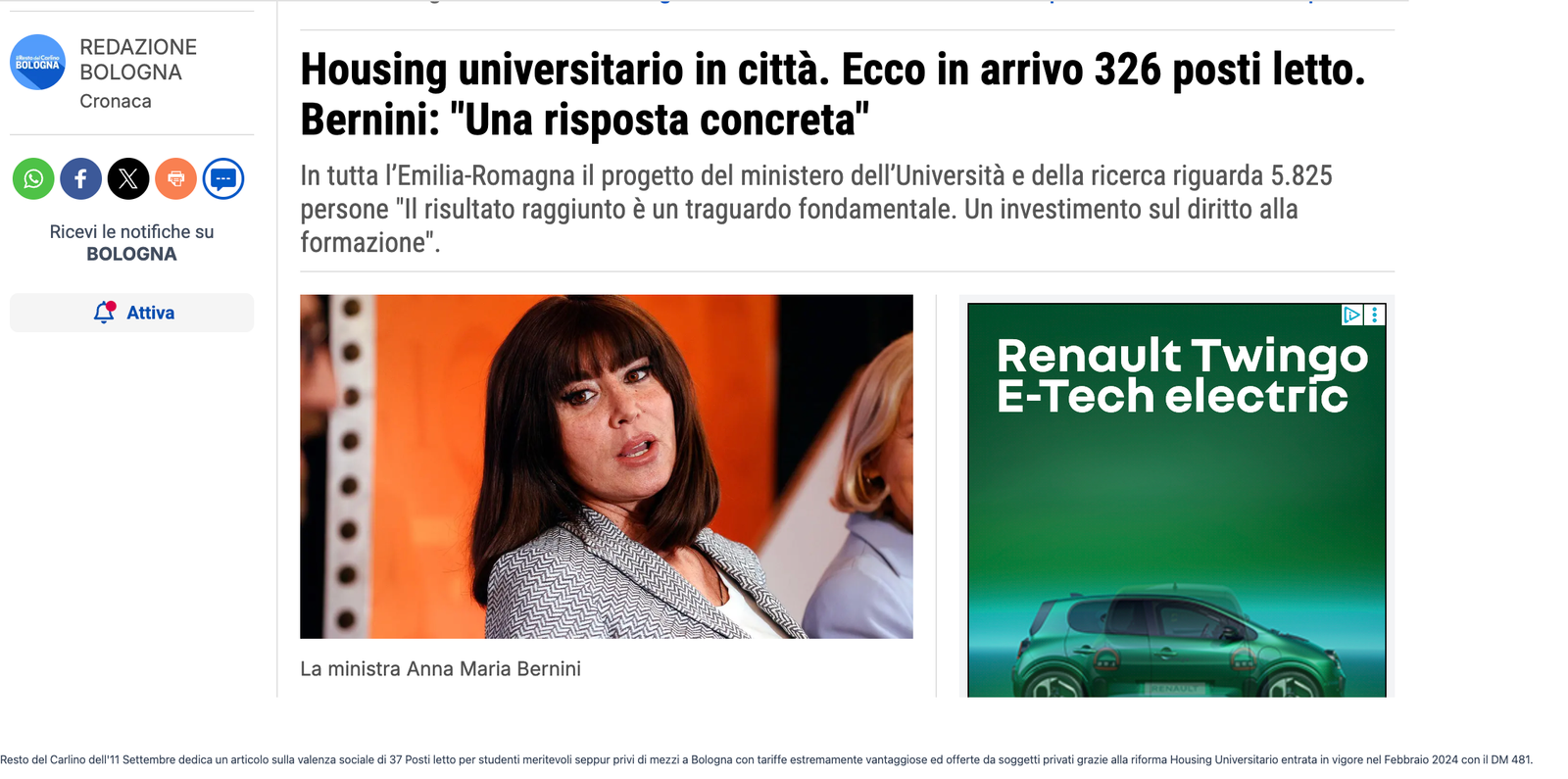 Articolo del Resto del Carlino - Ministra Bernini