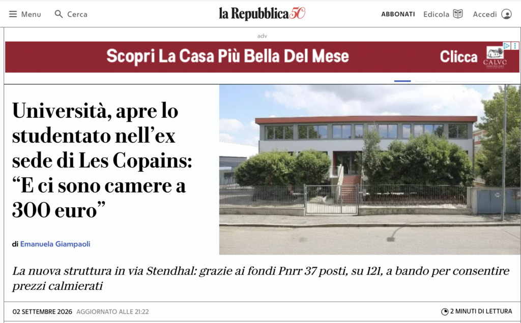 Articolo di Repubblica relativo all'apertura dello Studentato Domus IND 33 a Bologna